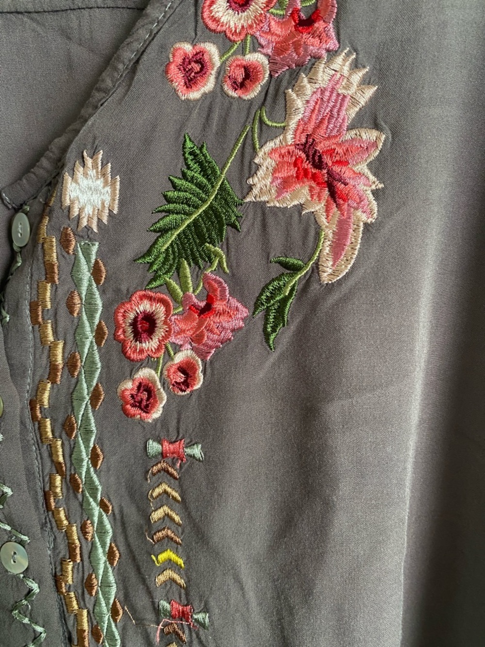 Embroidered V-Neck Women's Top in Gray with Pink Floral Detail - Picture 3 of 9